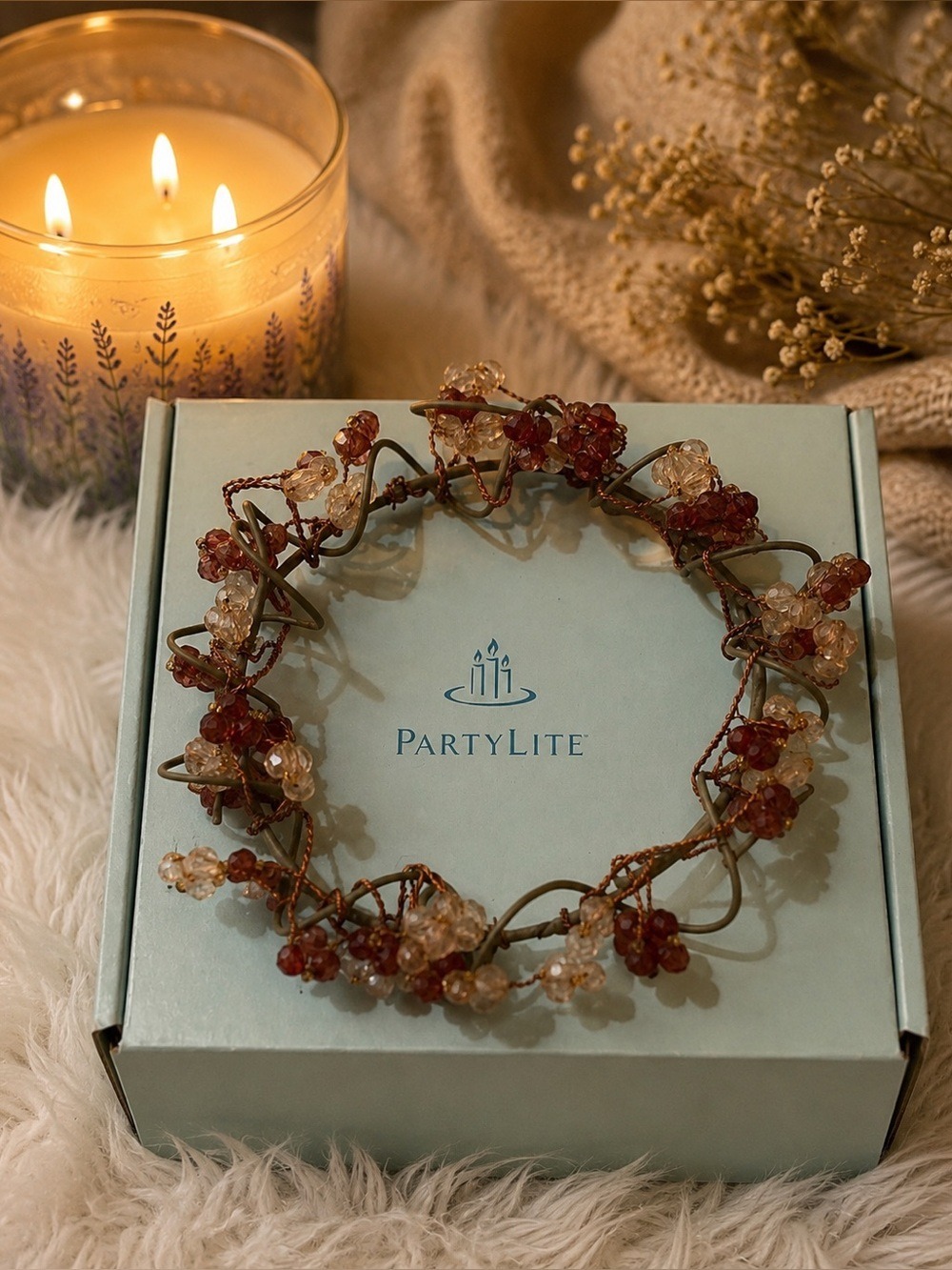 Partylite  Gem Stones Beaded Candle Ring Wreath 3” Decorative Accent